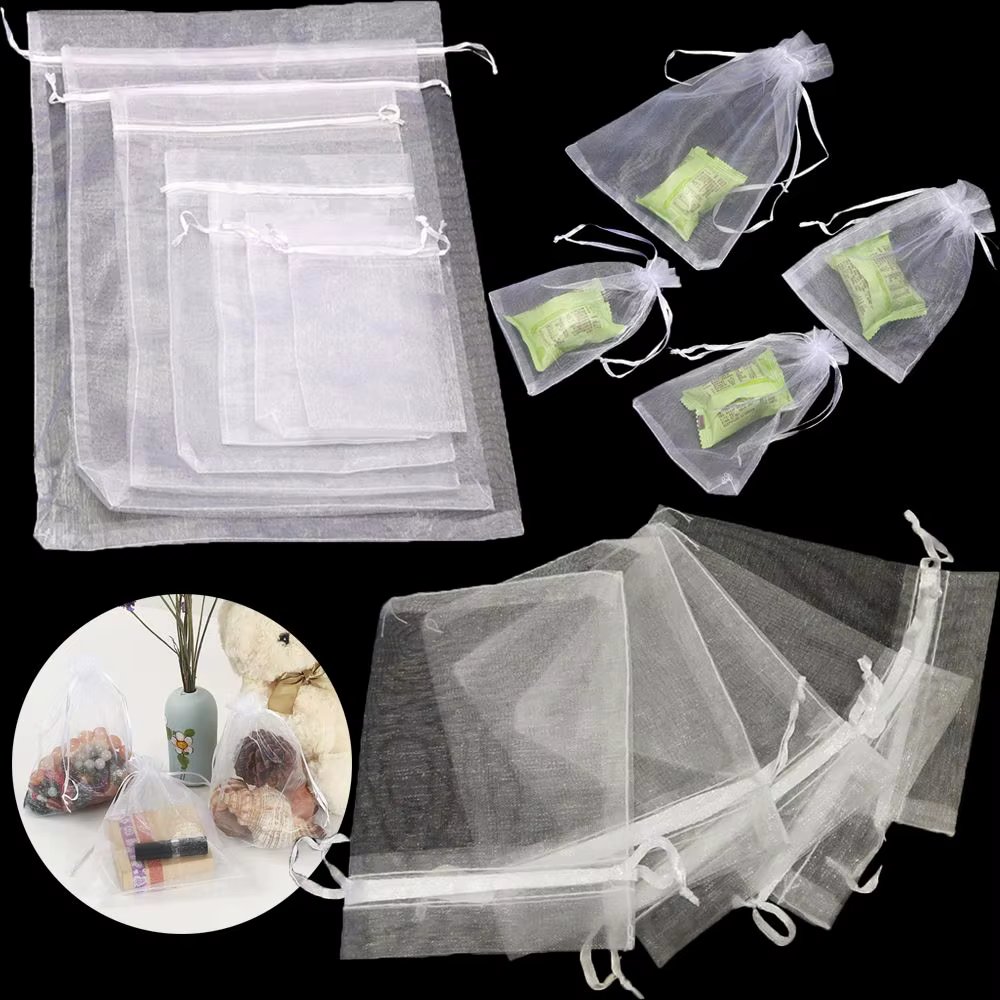 25/50PCS Drawable Party Supply Wedding Christmas Favor White Pouches Organza Gauze Sachet Gift Bags Drawstring Pocket