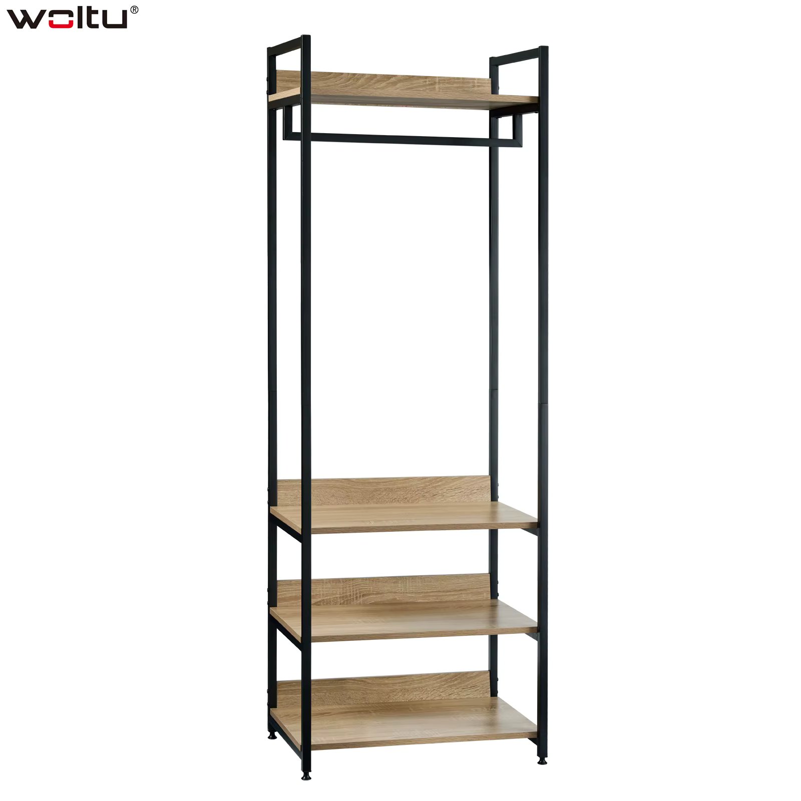 Light Oak Black/White Coat Rack Closet Wardrobe Clothes Rail with 3 Shelves Shoe Rack Hanger Hanging Clothes Bedroom