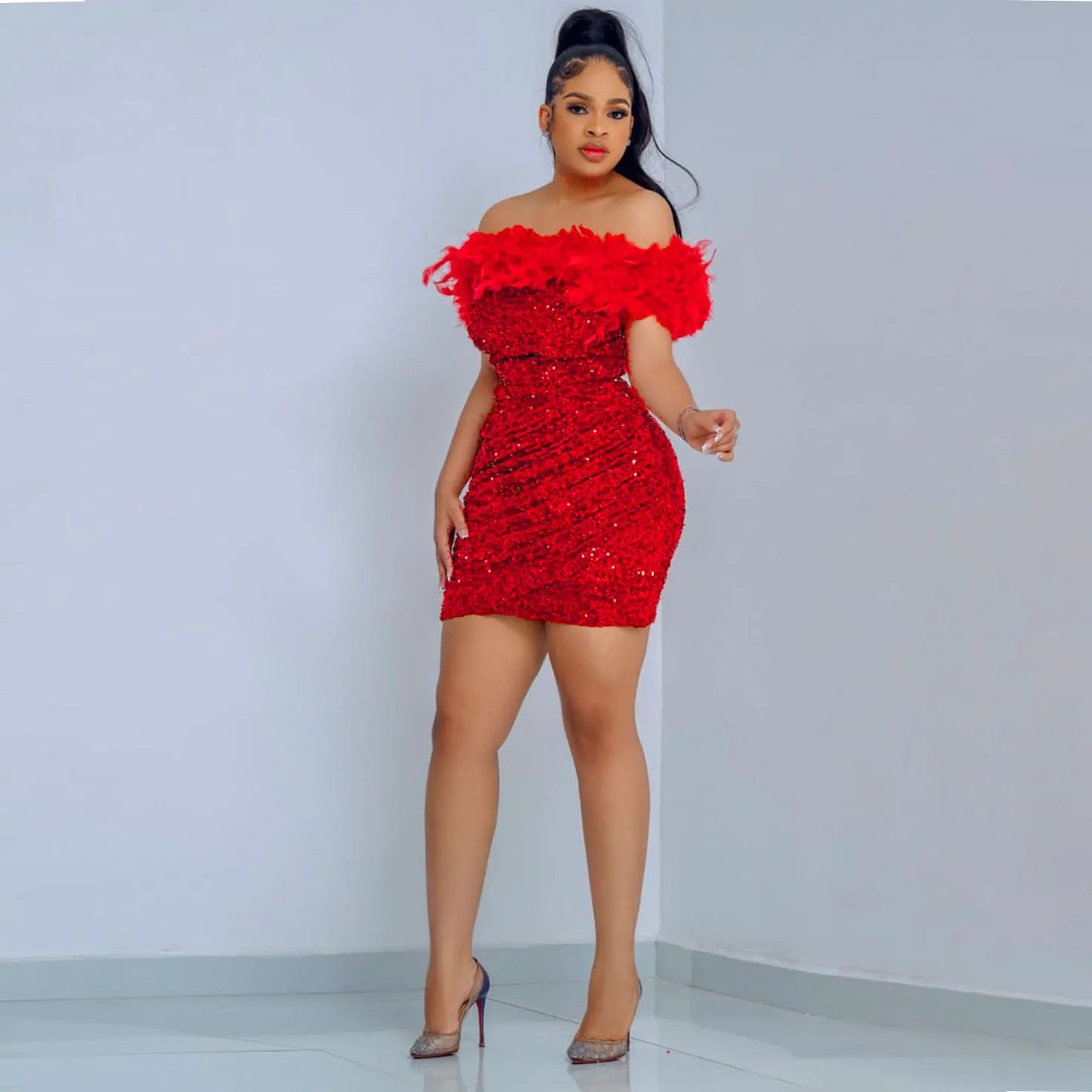 Red Feathers Sequins Mini Dress Off The Shoulder Sleeveless Slim Fit Glitter Evening Cocktail Birthday Party Sexy Women Outfits