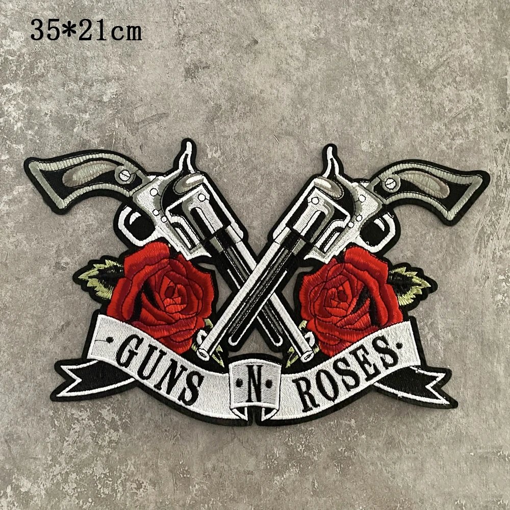 Large Punk Double Gun Rose Gunhua Band Embroidered Cloth Patch Motorcycle Knight Clothes Decoration Tactical Backpack Stickers