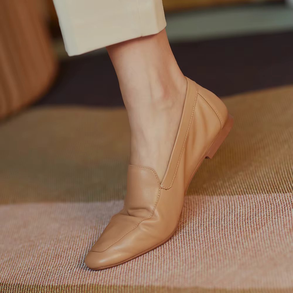 New Women Spring Summer Loafers Genuine Leather Slip On Casual Shoes Square Toes Fashion Flats Black Brown White