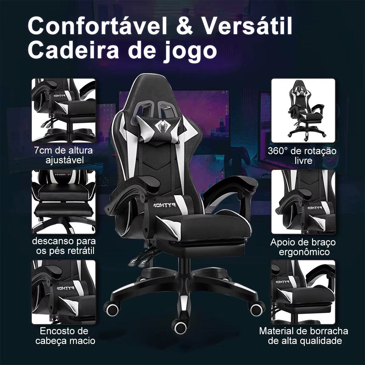 High-end Gaming Chair, Ergonomic, Height-adjustable, Flat, Foot-rest Chair (Black)