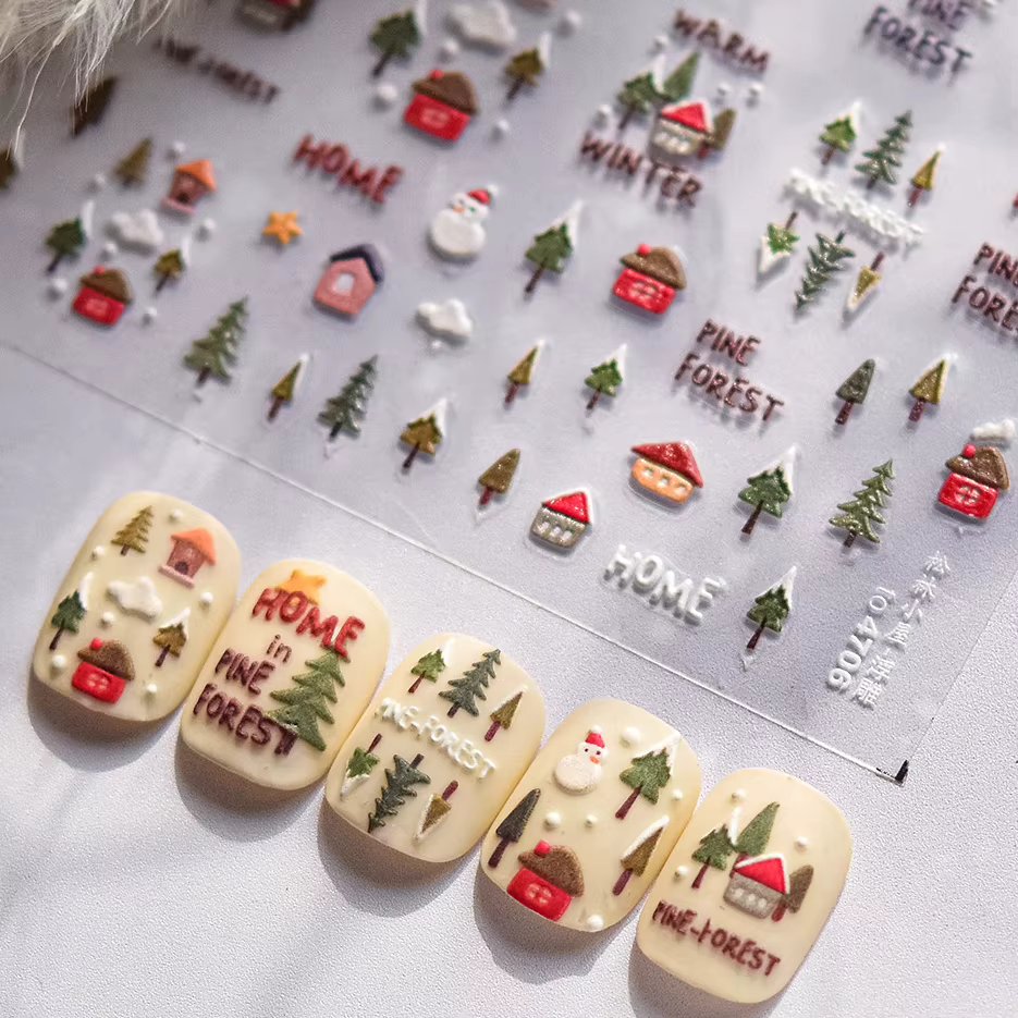 Snowman Tree House Cedar White Pine Forest Warm Winter Cloud Self Adhesive Nail Art Stickers Snowflake Star Snow Manicure Decals