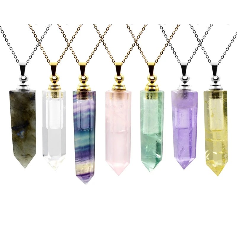 Natural Gemstone Perfume Bottle Necklace, Essential Oil Diffuser Pointed Fluorite Amethyst Crystal Jewelry, Hexagon Prism Vials
