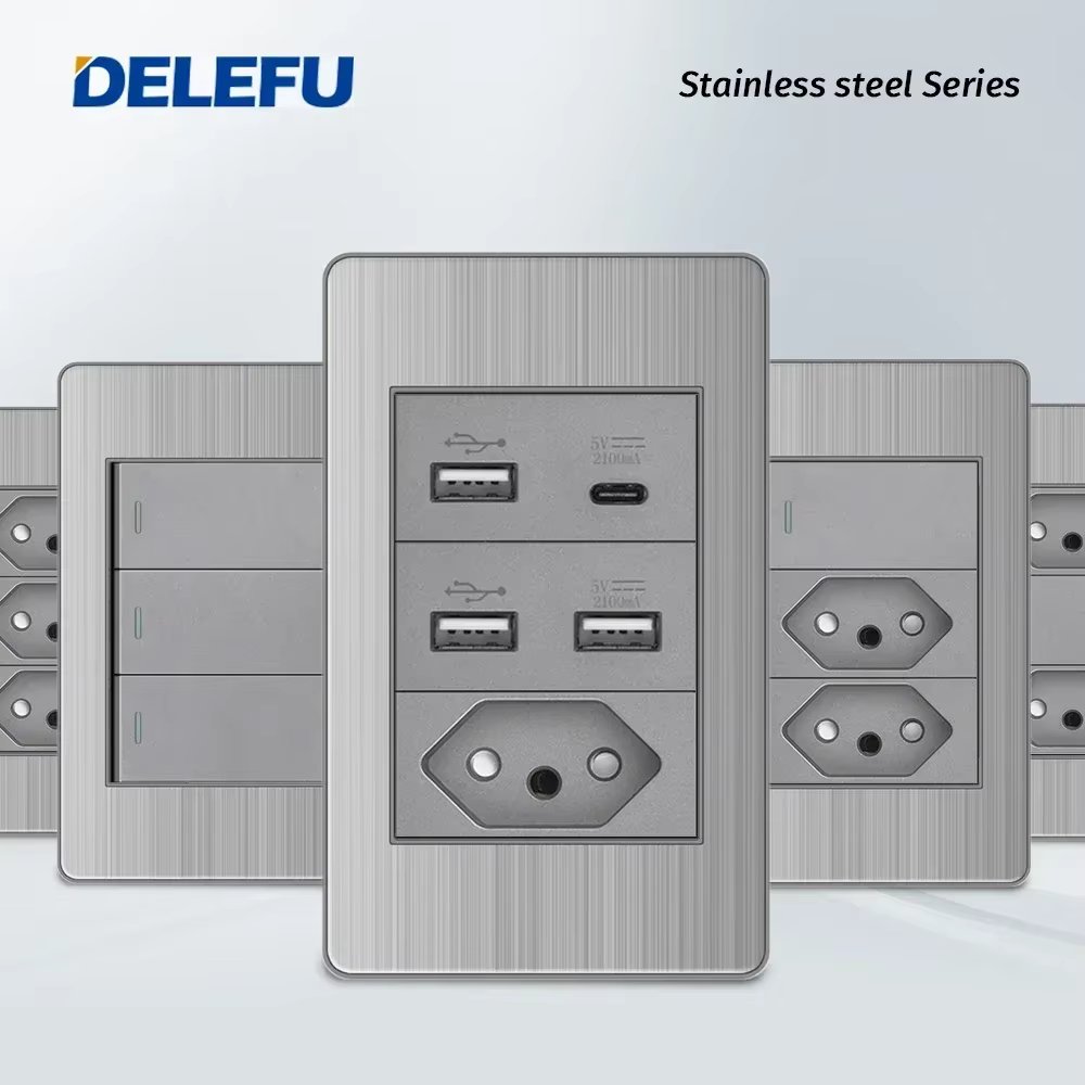 DELEFU Grey Stainless Steel Panel Brazil Standard Outlet Double USB Type C Wall Power Socket Light Switch Office 4*2 10A 20A