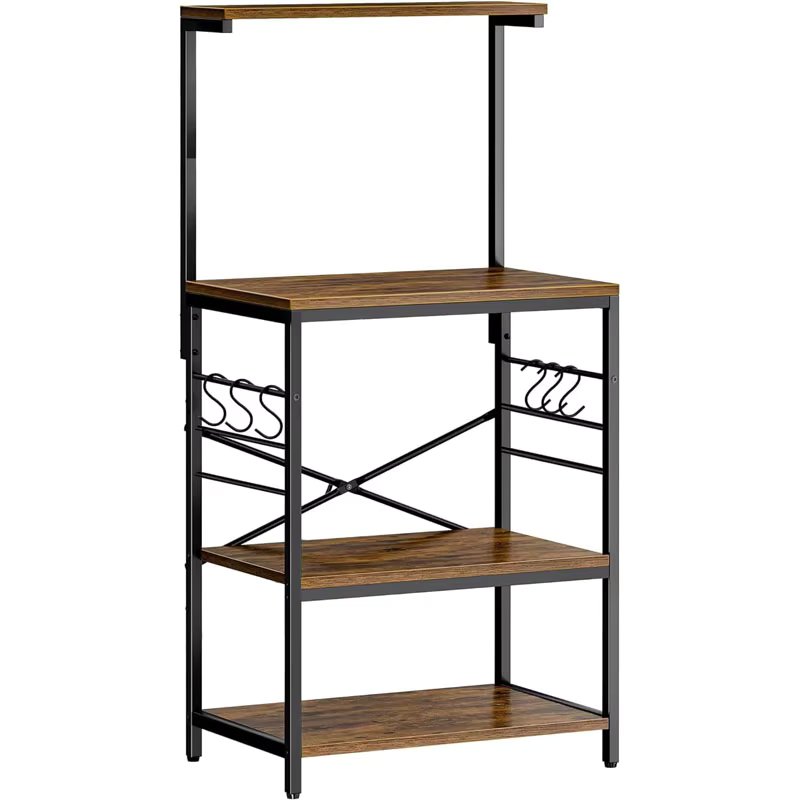Kitchen Bakers Rack, Coffee Bar Table 4 Tiers, Kitchen Microwave Stand with 6 S-shaped Hooks, Kitchen Storage Shelf Rack for