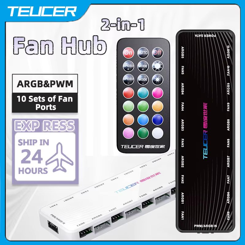 TEUCER ARGB Controller 1 To 10 4pin PWM Cooling Fan Hub Sata Powered Magnetic Suction Hub Addressable RGB Splitter for PC Case