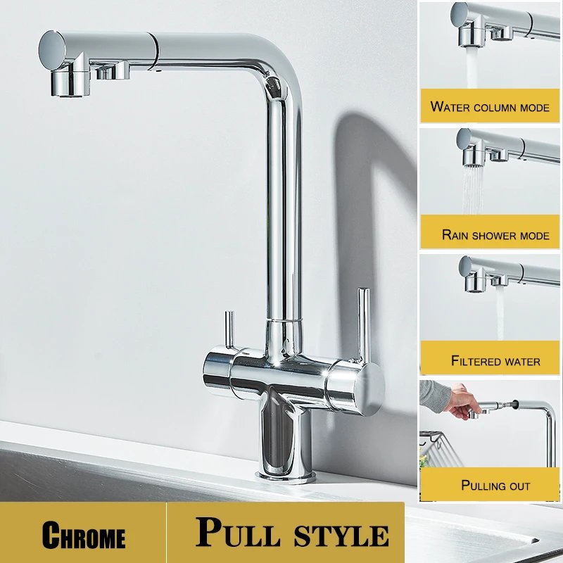 2 Functions Pull-out Type Kitchen Cold and hot Faucet Dual Swivel Spout Drinking Water Filter Brass Purifier Sink Mixer Tap