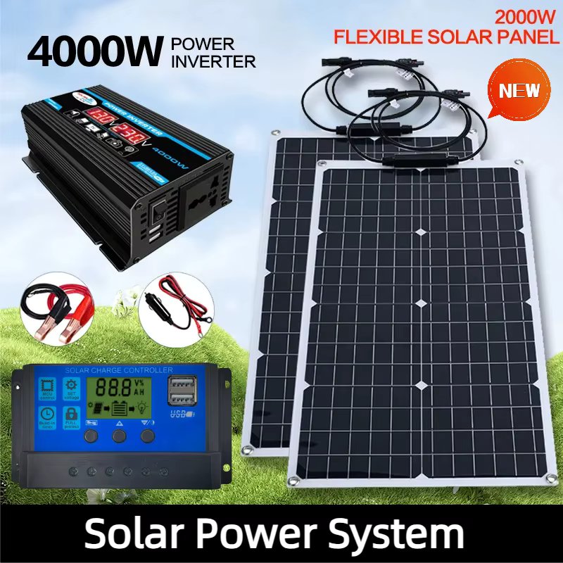 2000W Solar Energy System 110V/220V 4000W Solar Panel Inverter Glass 12V Battery Charging Controller For Home/Outdoor Use