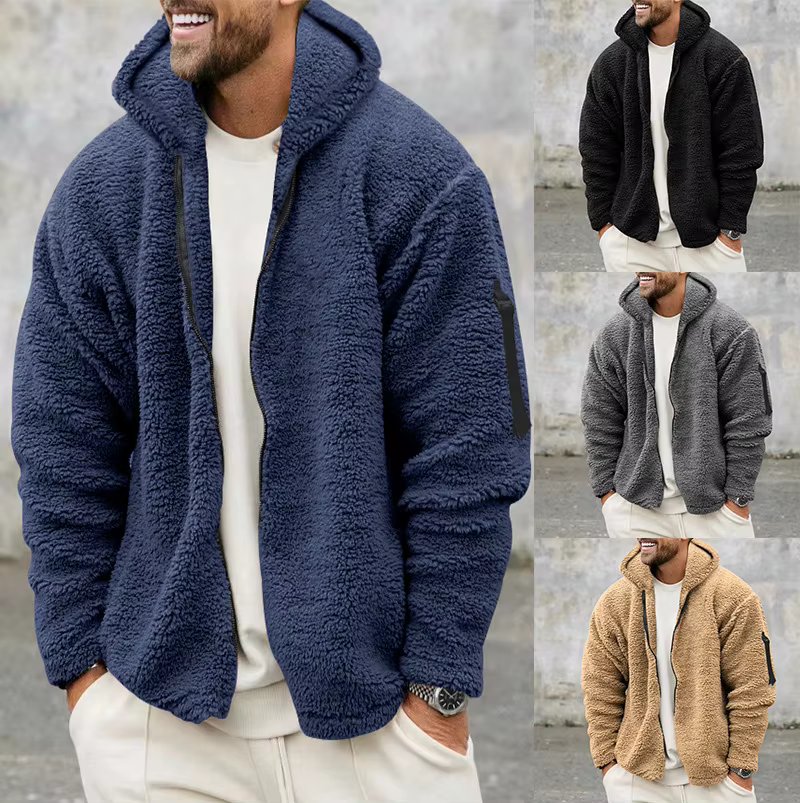 2024 Men's Autumn and Winter Double-Sided Fleece Warm Jacket Amazon Loose Hooded Casual Jacket