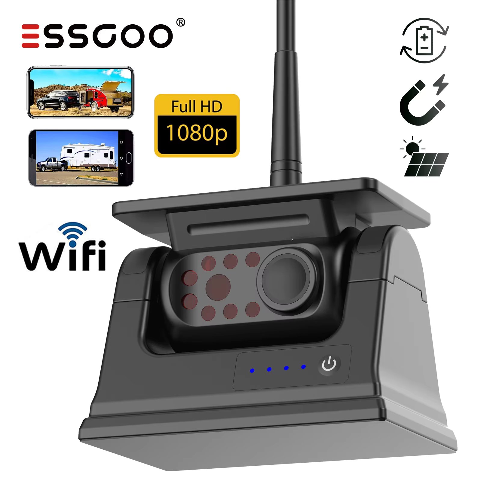 ESSGOO Wireless Solar Panel Rear View Backup Camera Rechargeable Magnetic Base APP Built-In Battery For iPhone Android RV