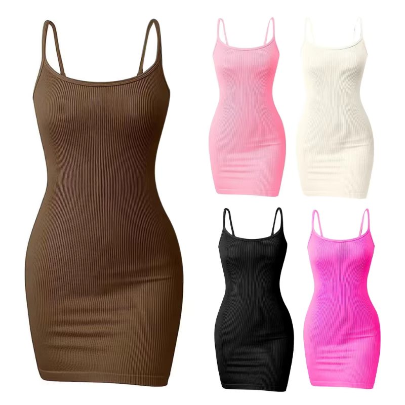 Women Summer Spaghetti Strap Ribbed Knit Bodycon Mini Dress Simple Plain Solid Color Package Hip Short Camisole Dresses Dropship