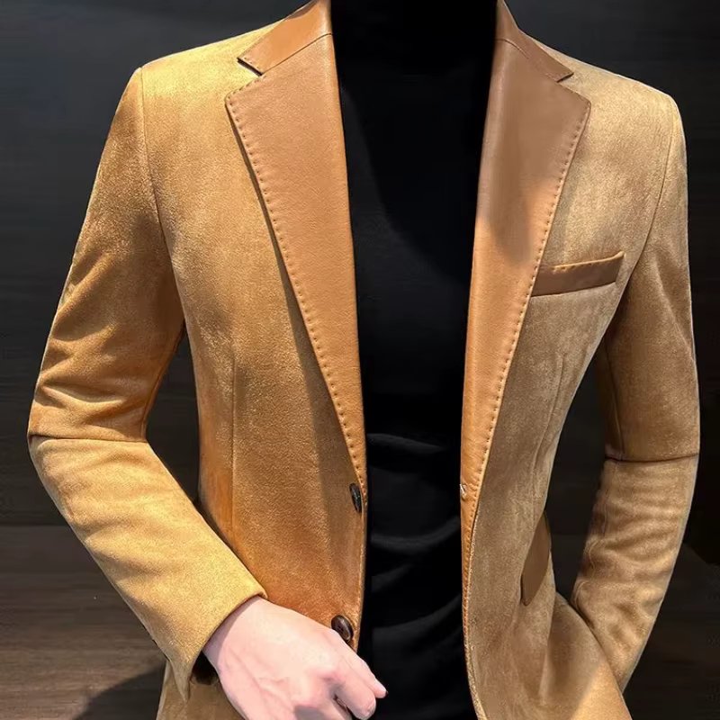 Spring Autumn Fashion Long Sleeve Turn-down Collar Patchwork Solid Deer Skin Blazers Men's Clothing Korean Pockets Button Tops