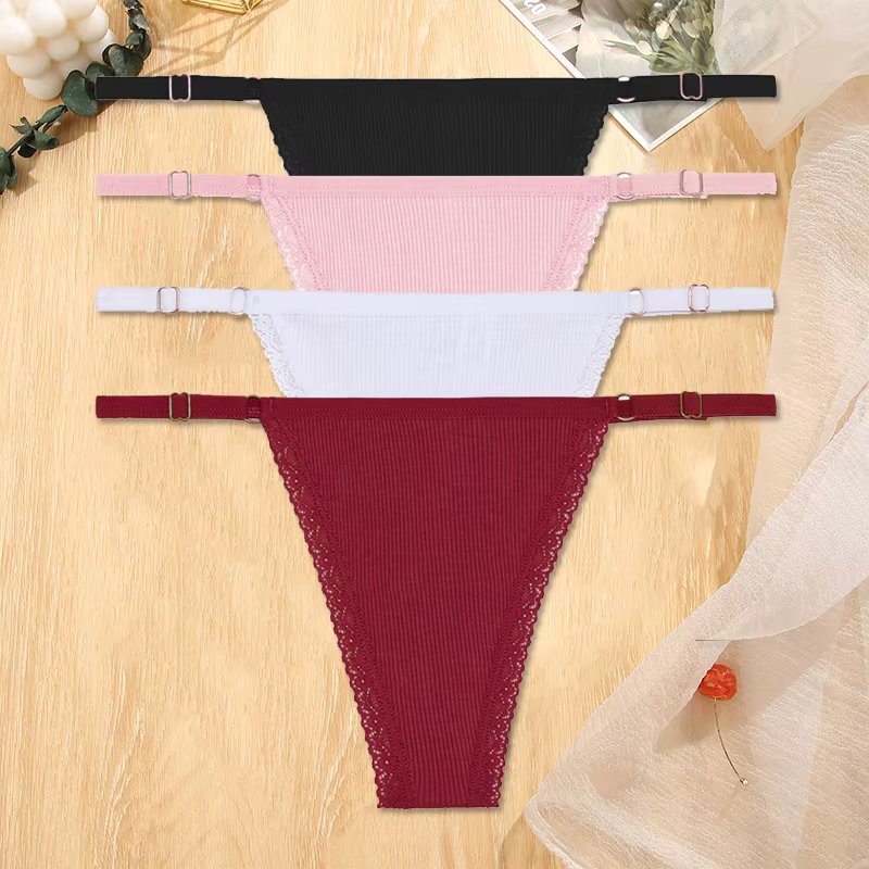 FINETOO 4Pcs/set Women Cotton Thongs Adjustable Waistband Underwear Low-Rise Sexy G-string Panties Ladies Soft Bikini Underpants