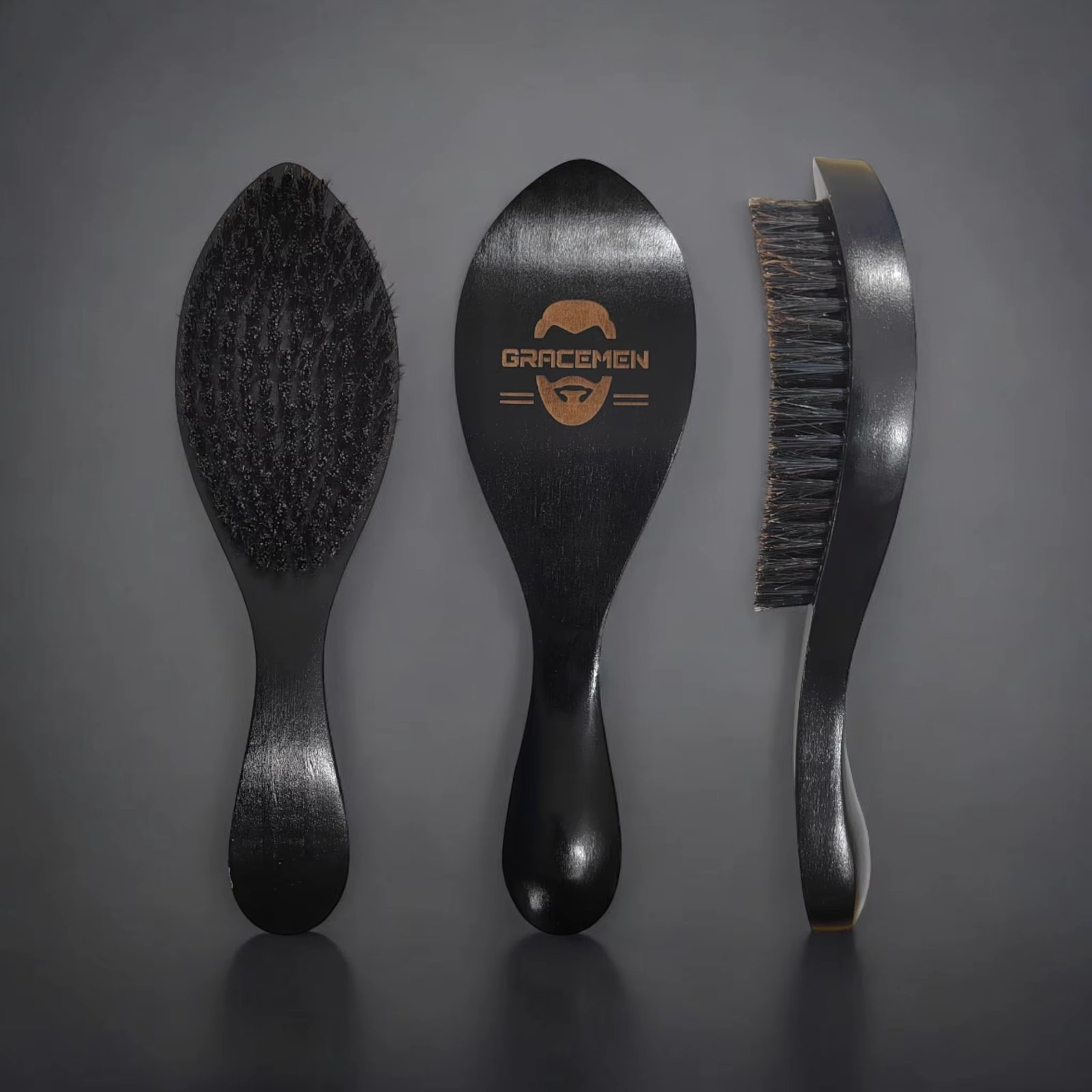 The Gracemen 360° Wave Brush for Men Black Curved  Hair Brush Medium Hard Nylon + Boar Bristles