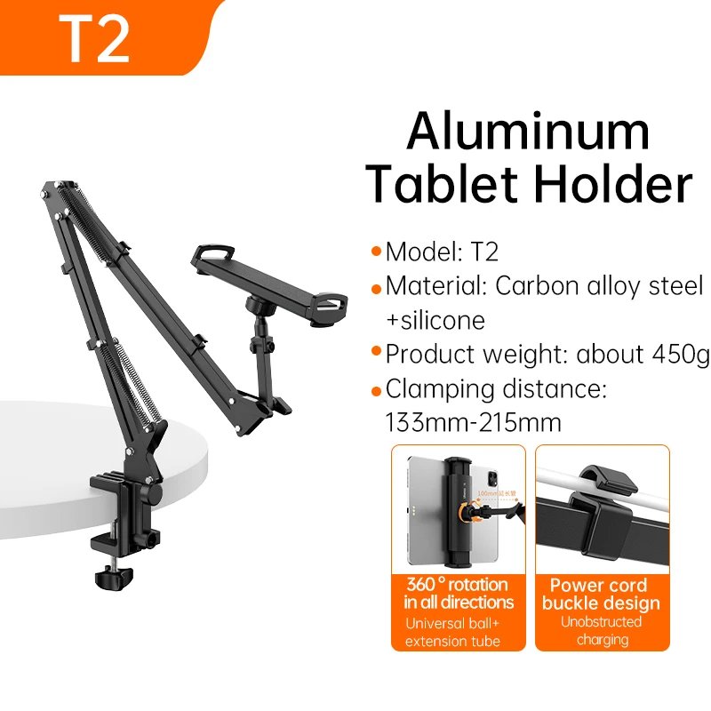 Ulanzi T2 Tablet Holder For Bed iPad Stand 360° Rotating Desktop Phone Mount with Aluminum Arm For Xiaomi Lenovo Samsung Tablets
