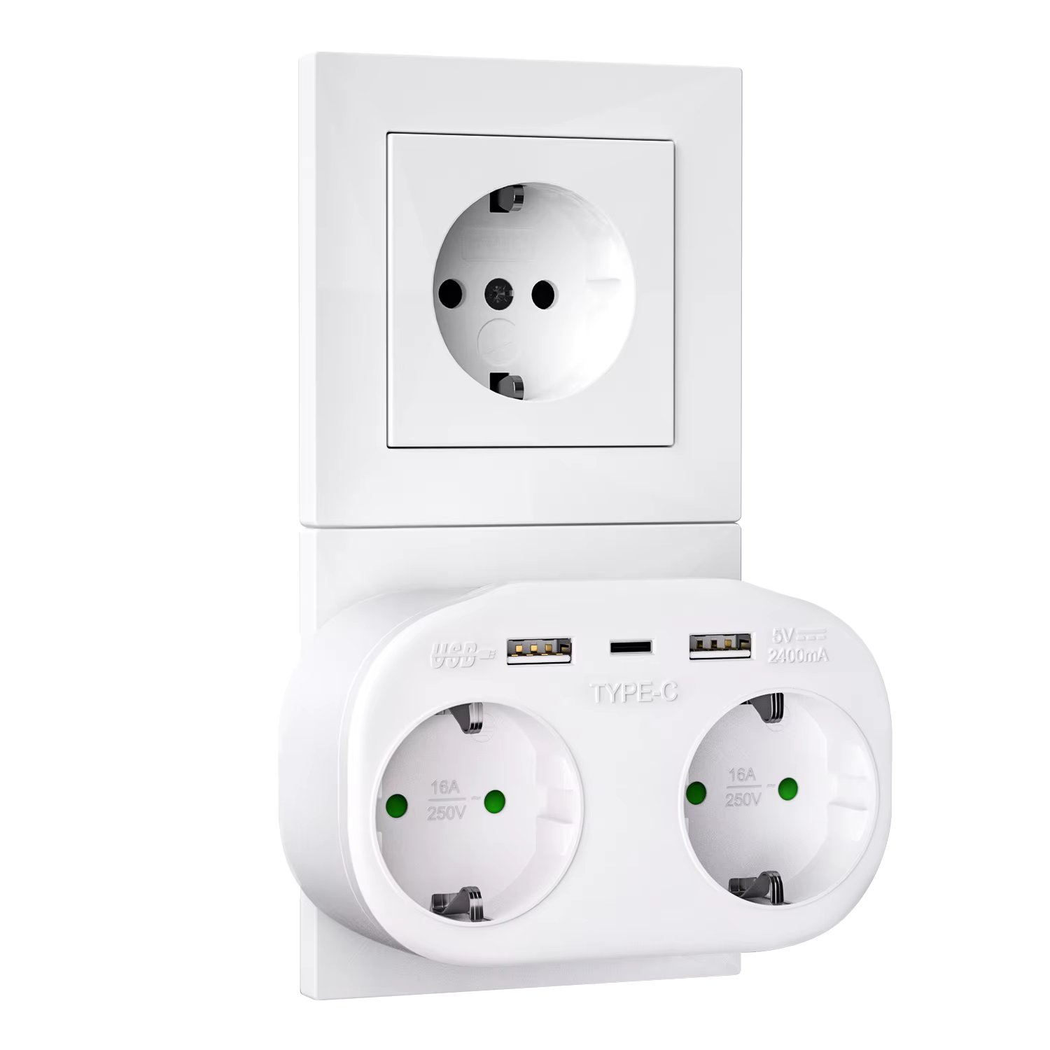 4000W Euro plug power socket with 2 AC power sockets 2 USB charging ports 1 Type-c wall socket adapter Suitable for home offices