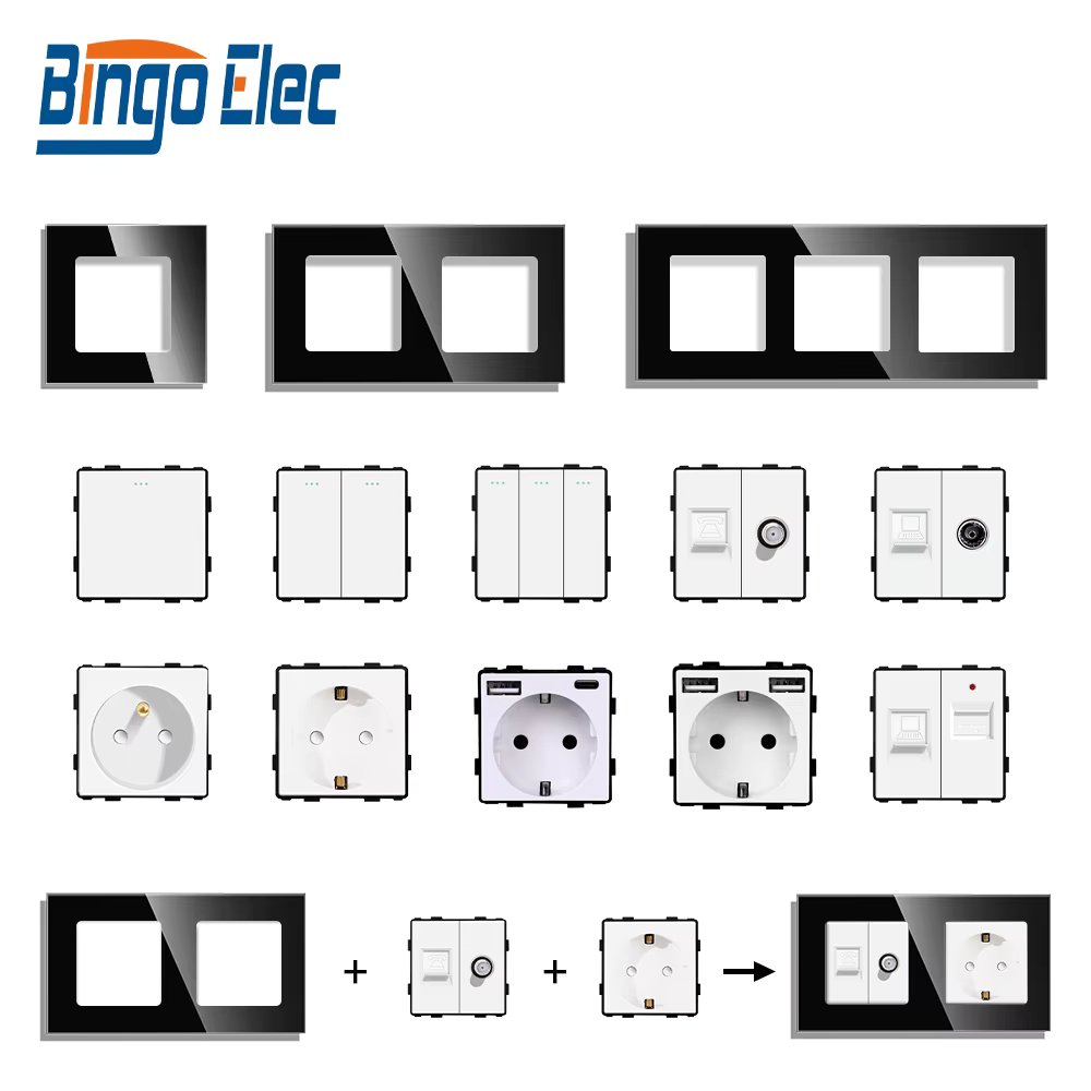 Bingoelec Glass Panel With Internet Socket TV ST CAT6 RJ45 Function Parts Double USB Socket EU FR Wall Plug DIY Free Combination