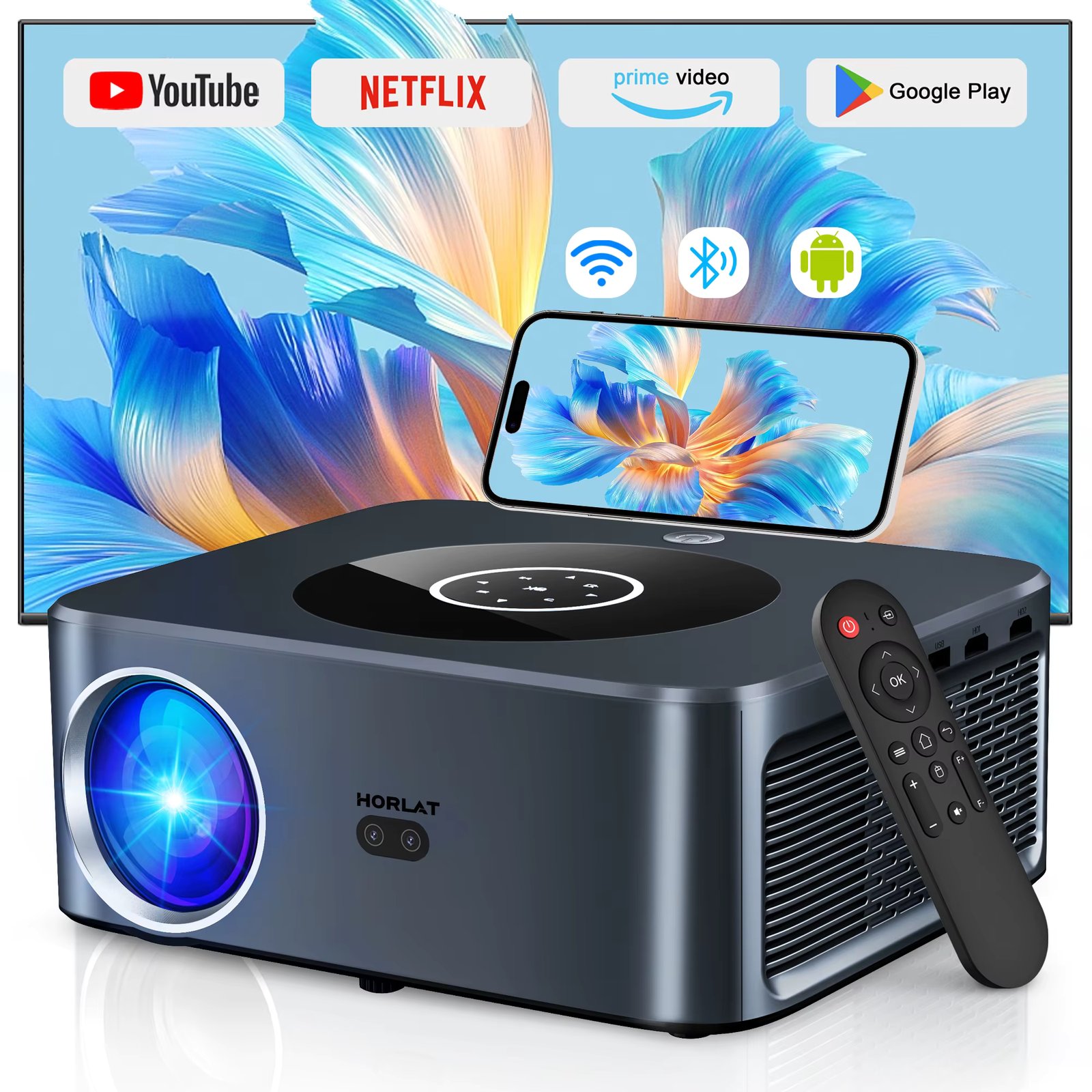 HORLAT LED Android Projector 4K Beamer Full HD 1080P Video Home Theater Auto Keystone 5G WiFi Portable Proyector 3D Film