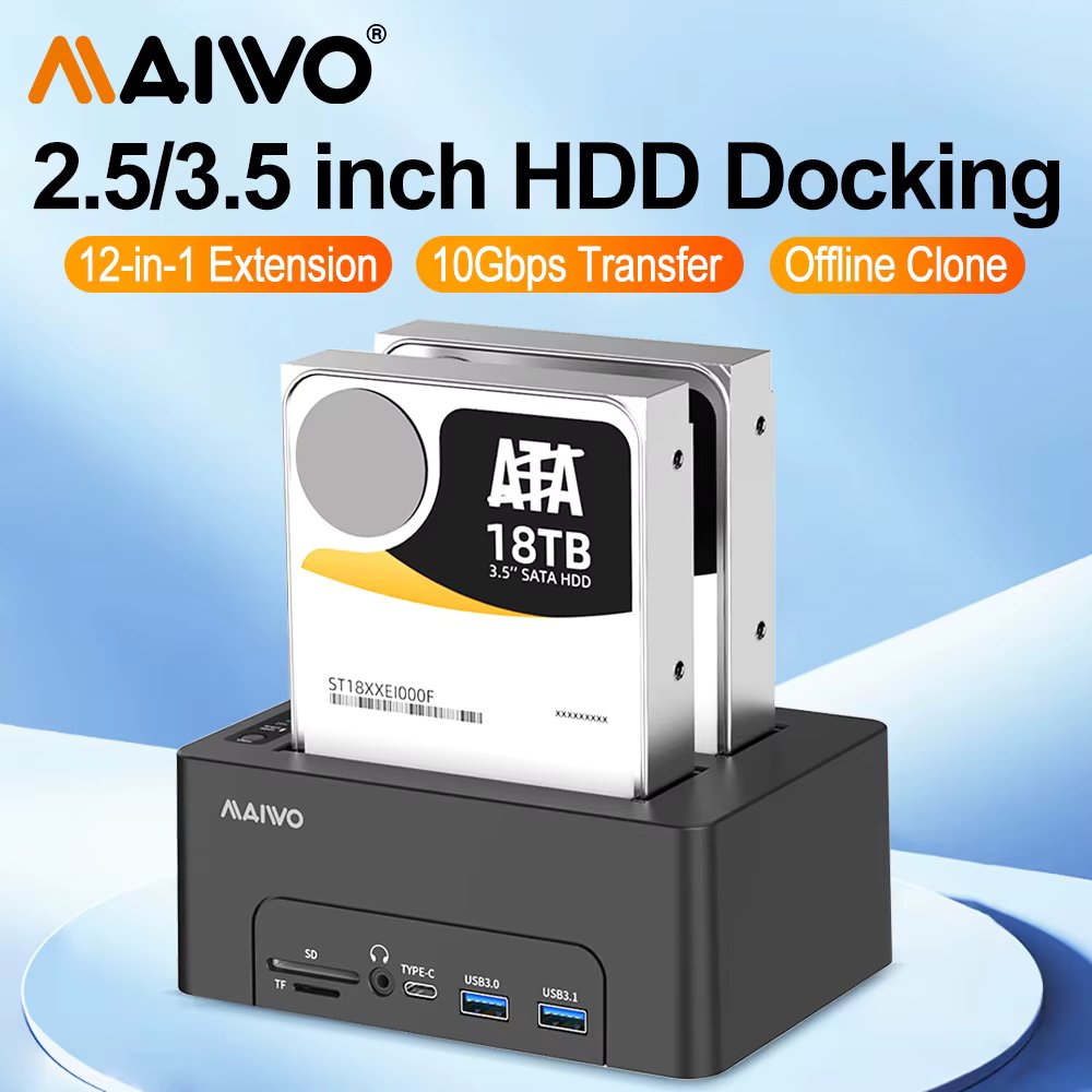 MAIWO Hard Drive Docking Station SATA to USB3.0 Dual Bay Adapter USB HUB with SD/TF for 2.5/3.5" SSD HDD Offline Clone Enclosure
