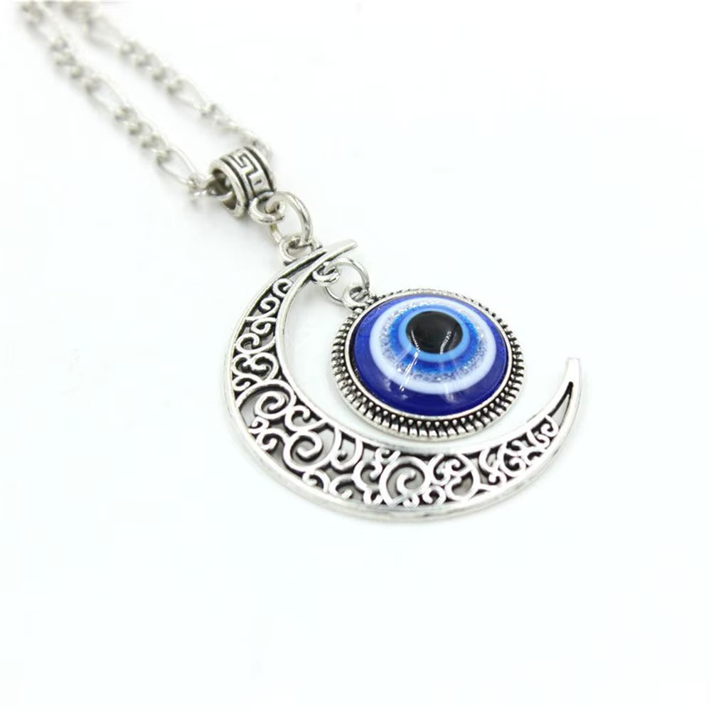 Turkish Blue Eyes Pendant Alloy Moon Necklace Evil Eye Silver Jewelry Acrylic Beads and Glass
