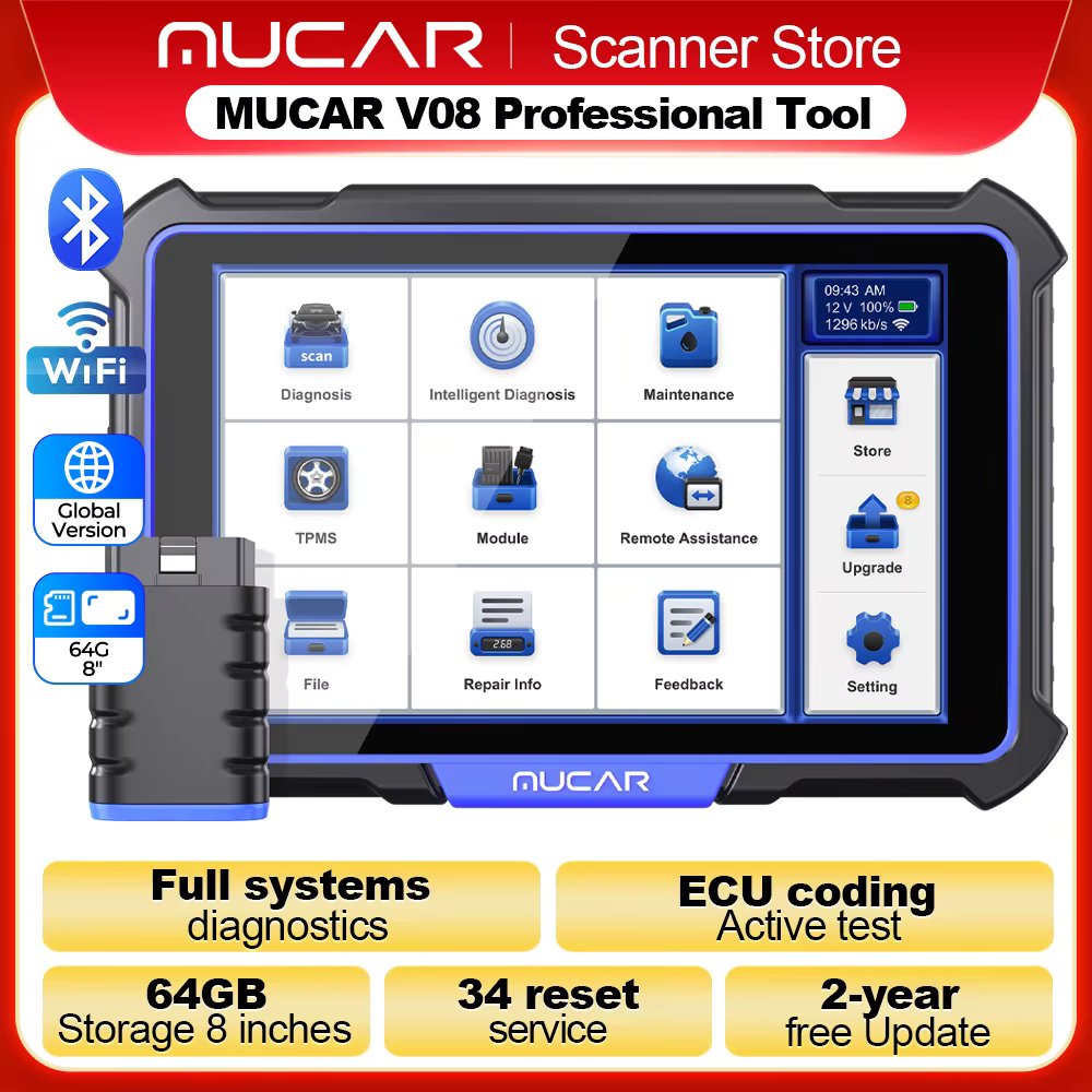 Gobal Version MUCAR VO8 Professional OBD2 Diagnostic Tool OE Full System Obd 2 Scanner Bi-Directional Active Test 34 Resets 64GB