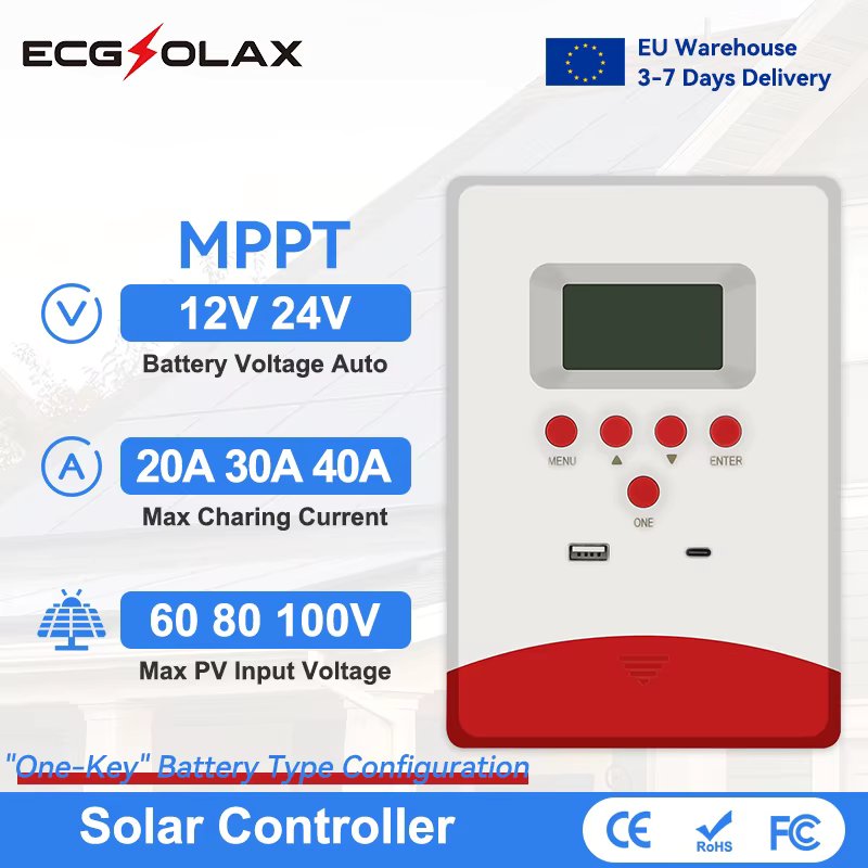 ECGSOLAX 20A 30A 40A MPPT Solar Charge Controller 12V 24V Auto Solar Panel Regulator Max PV 100VDC Solar Charging Controller