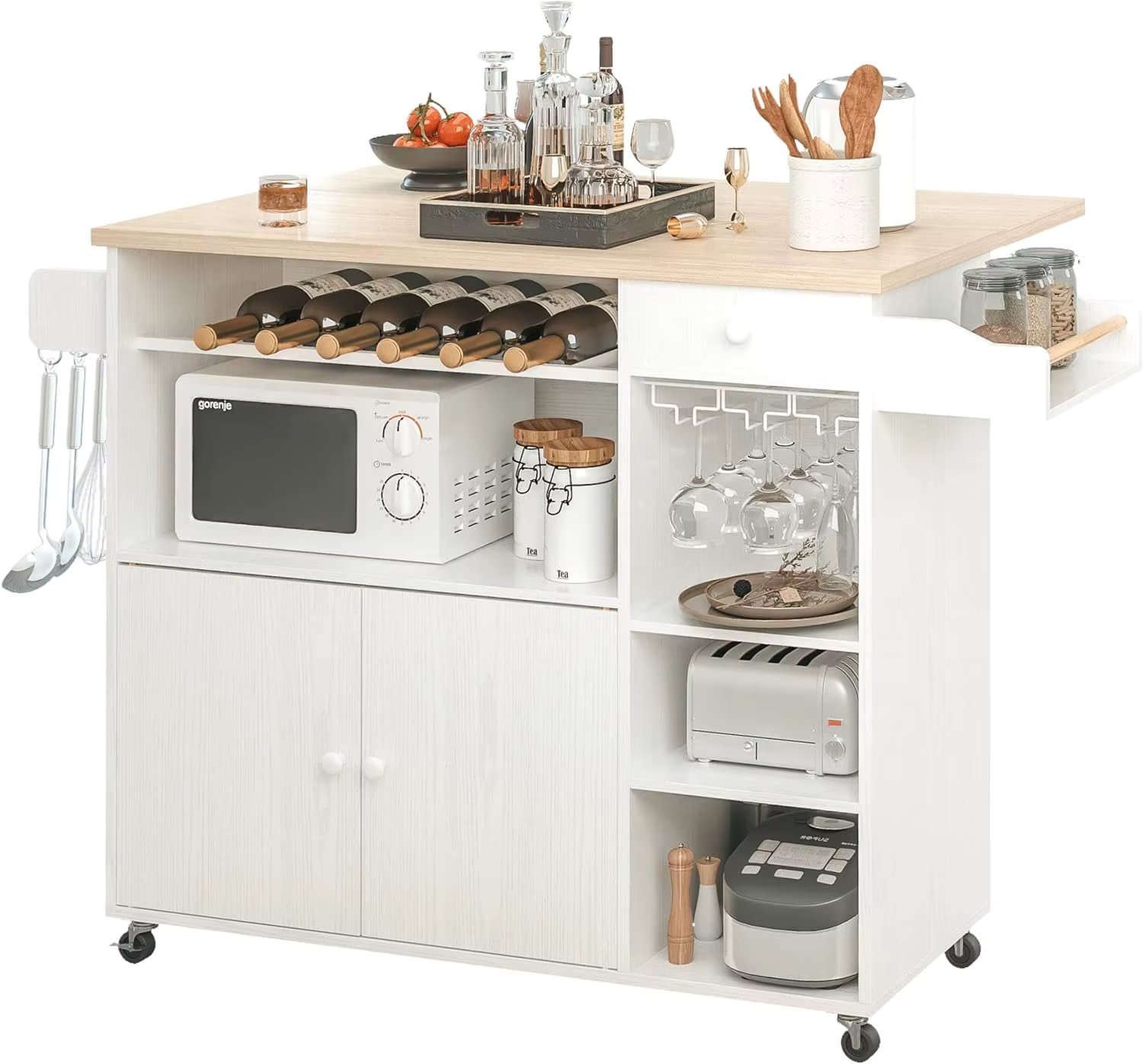 IRONCK Rolling Kitchen Island Cart with Drop-Leaf & Wine Rack Drawer Shelves&Spice Rack, Microwave Rack Serving Cart on Wheels