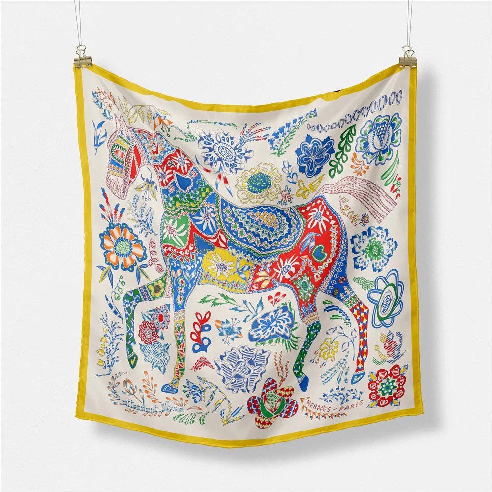 Twill Silk Scarf Woman Tassel Horse Print Square Scarves Wraps Bandana Small Hijab Silk Foulards Lady Tie Headband Neckerchief