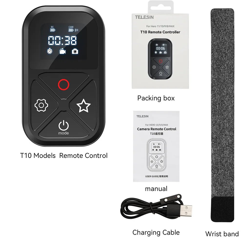 TELESIN T10 Bluetooth Remote Control For GoPro Hero 12 11 10 9 8 Wireless Smart Remote For Go Pro 80M action Camera Accessories