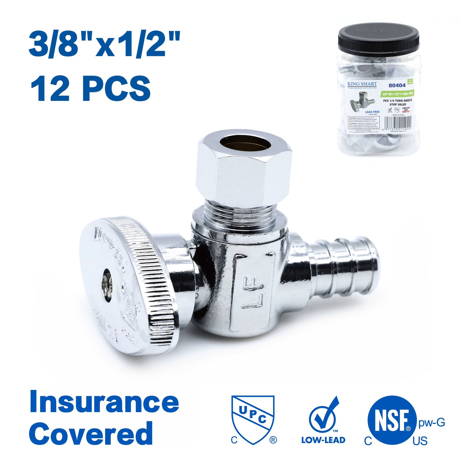 KING SMART Crimp/F1807 PEX 1/2" * 3/8" Comp. OD 1/4 Turn Angle Stop Valve; 12Pcs/Case; 80404
