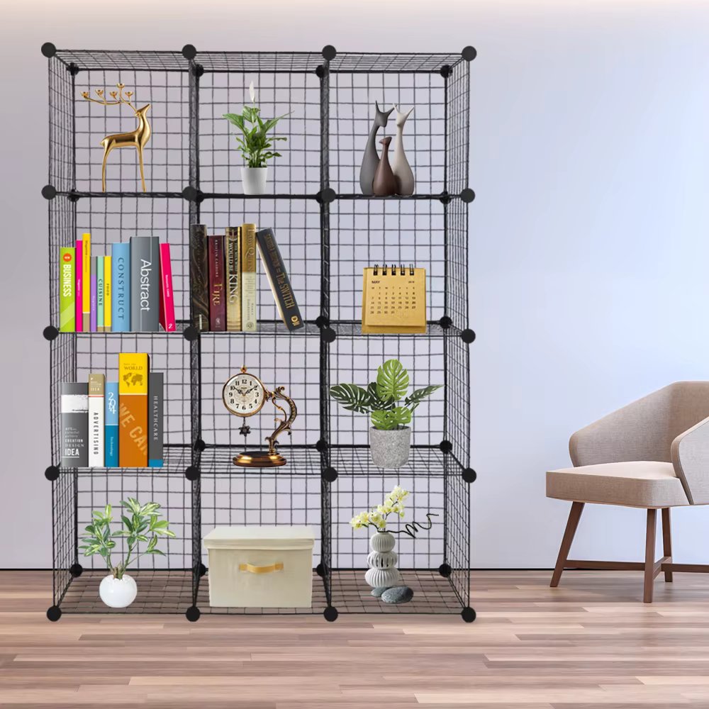 12-Cube Organizer: Modular Wire Shelves, Origami Design, Metal Grid, Multifunction Cubbies for Storage & Display, Bookcase.