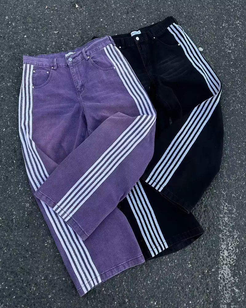 High Street Vintage striped embroidered high-waisted Jeans Men Women casual pants Harajuku Hip Hop Street baggy wide-leg jeans