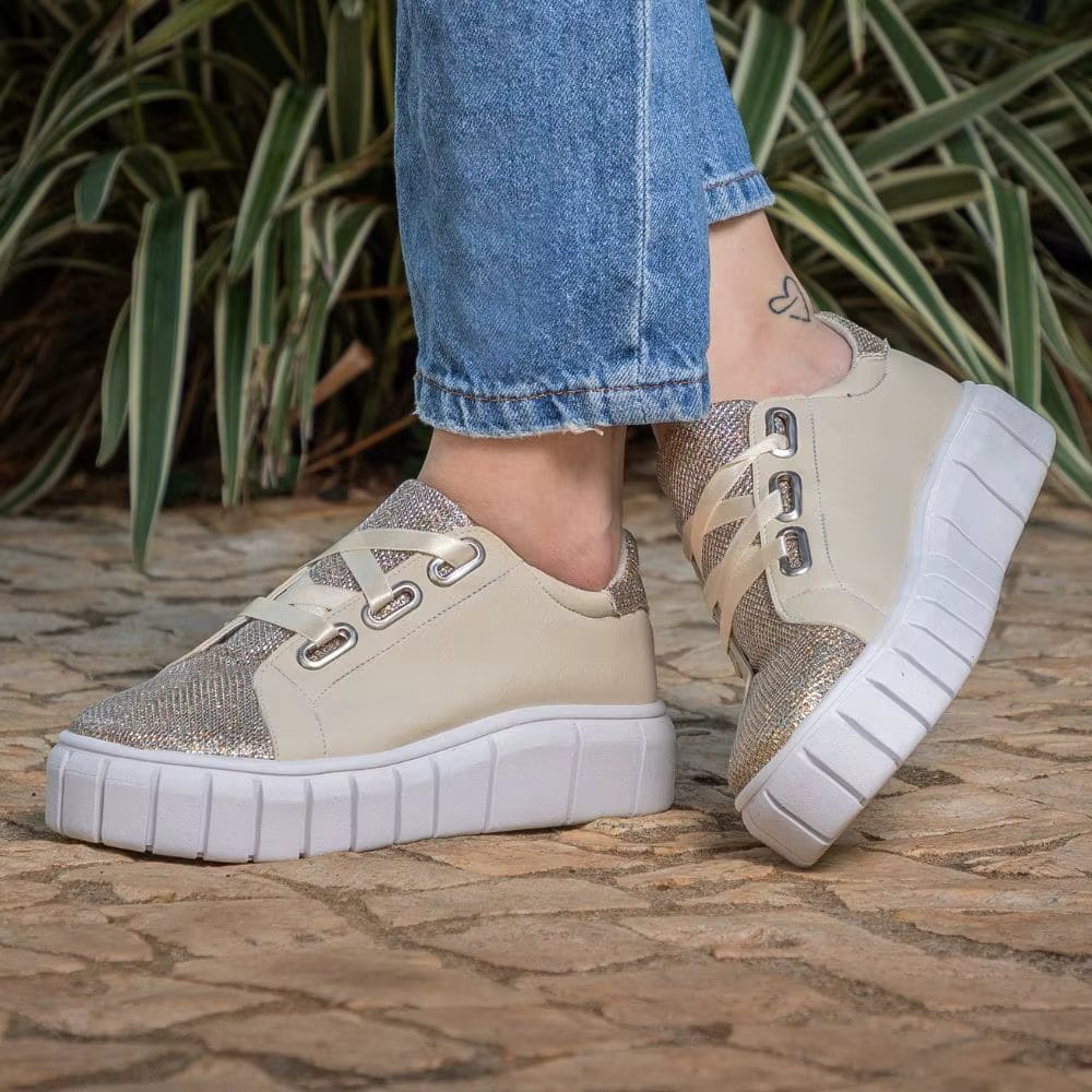 Tênis Casual Feminino Glitter GuGi Brilhante Com Cadarço De Cetim 605-GG