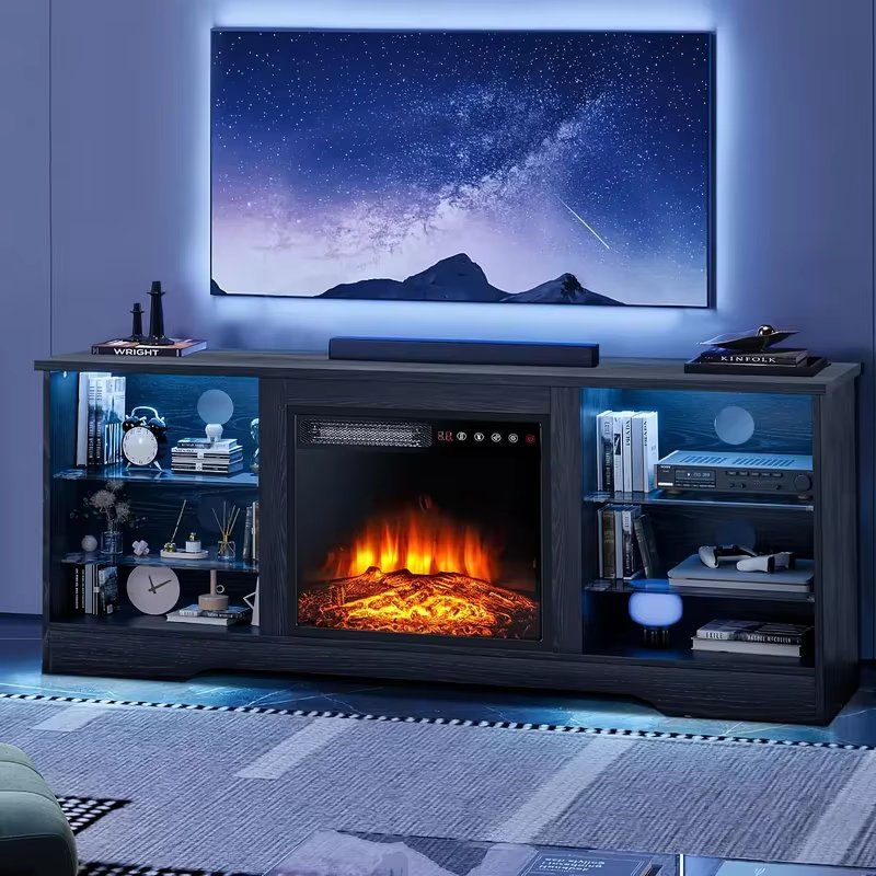 58 Inches Fireplace TV Stand for TVs up to 65 Inches Console with 18'' Electric Fireplace & Remote, Wooden Modern Entertainment