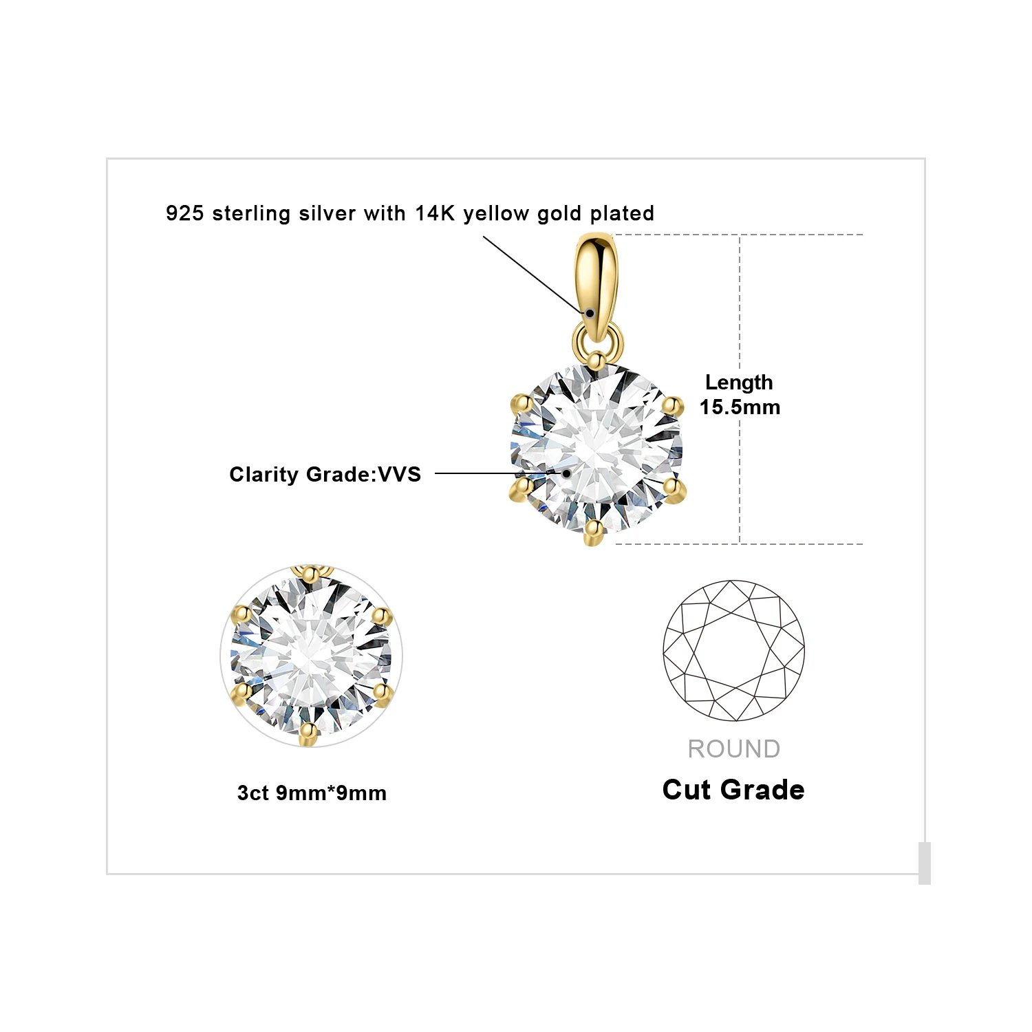 JewelryPalace Moissanite D Color 1ct 1.5ct 2ct 3ct Round 925 Sterling Silver Pendant Necklace for Woman No Chain