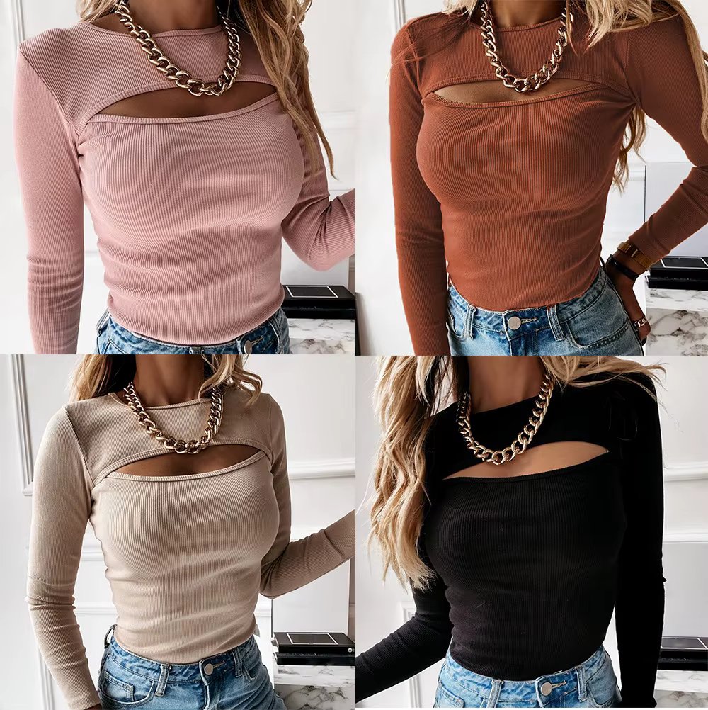 Spring style fashionable and sexy women's top, women's hollowed out long sleeved solid color slim fit