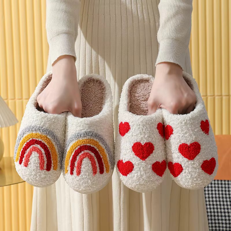 Mushroom popular winter smiling face peach heart cotton slippers women's indoor home rainbow plush warm slippers