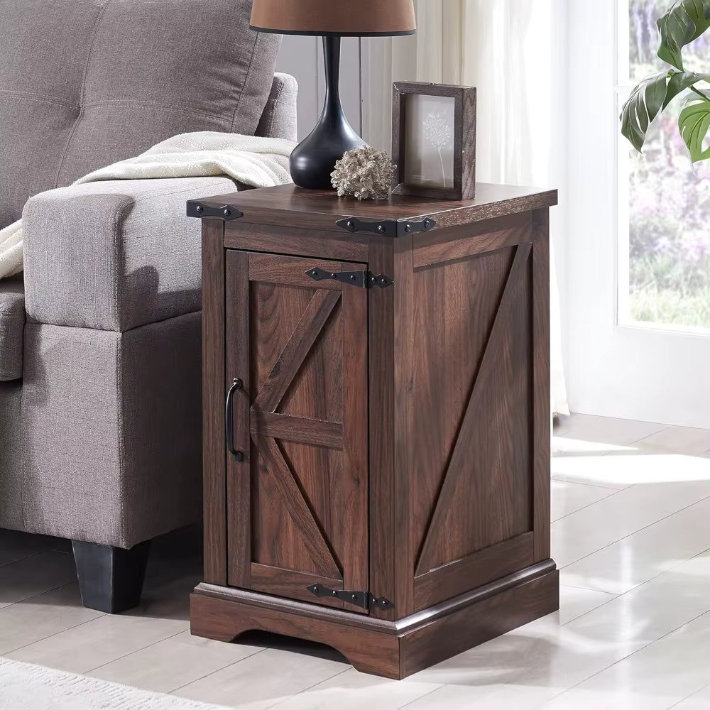 Nightstand with Charging Station, Rectangular Farmhouse End Table with Barn Door and Adjustable Storage Shelf, 17" Deep