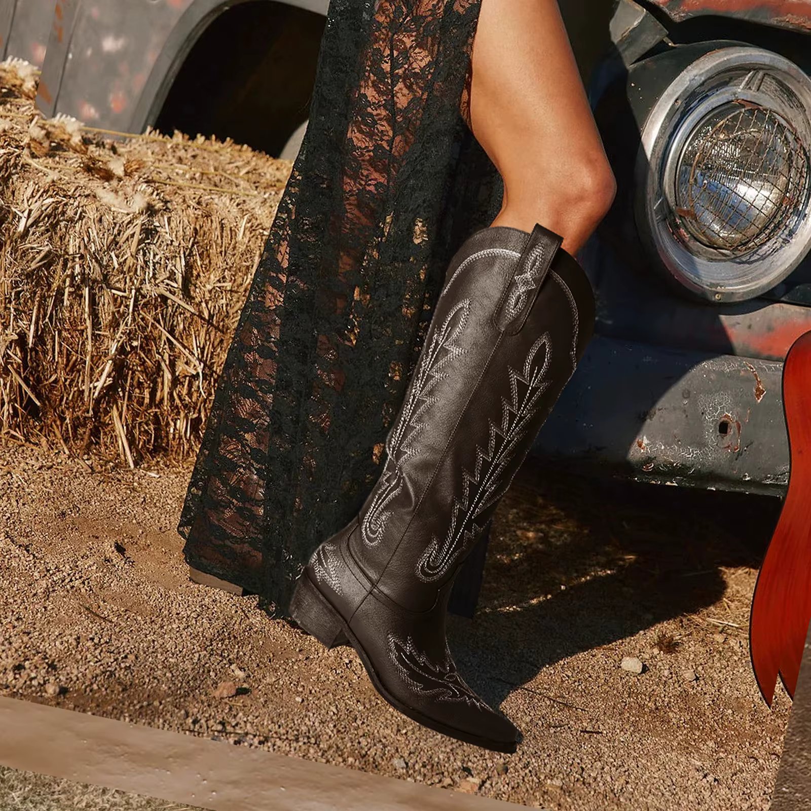Cowboy Boots for Women - Knee High Embroidered Western Cowgirl Boots, Pointed Toe Chunky Heel Retro Country Boots, Black