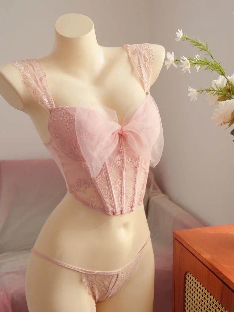 Pink Bow Lace Underwear Lingerie Set Women's Small Breasts Push Up Gather Sexy Fishbone Bra & Brief Sets Can Be Worn Outside