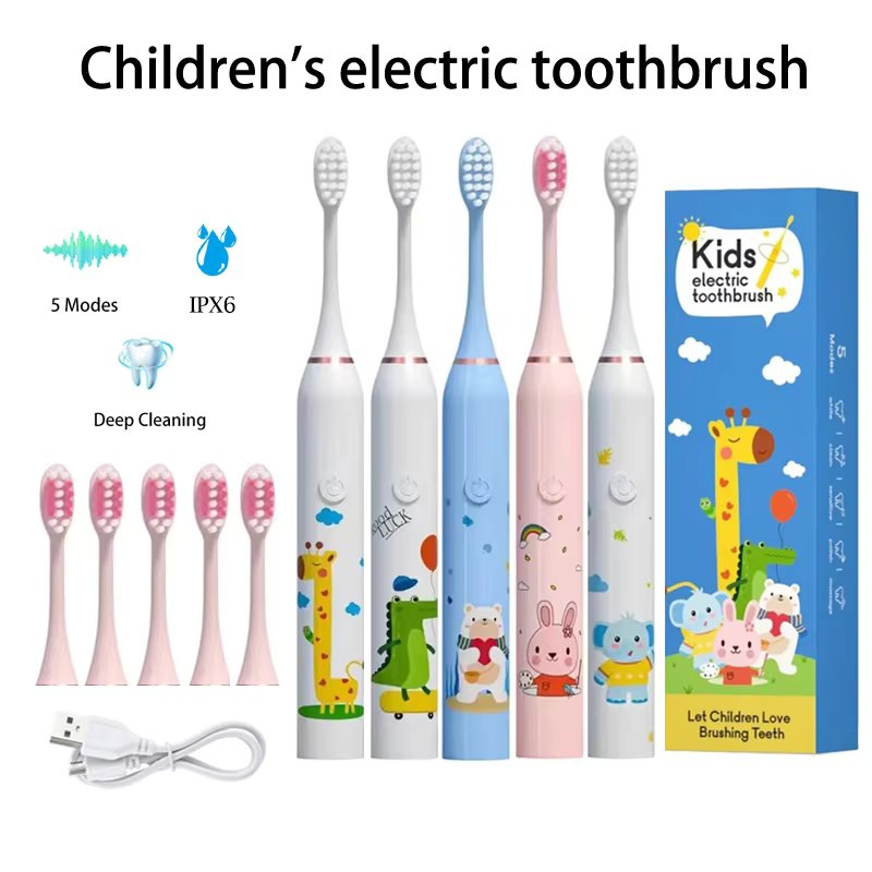 Children's Clean Sonic Electric Toothbrush Cartoon Pattern for Kids with Replacement Tooth Brush Head Toothbrush Soft Nozzles