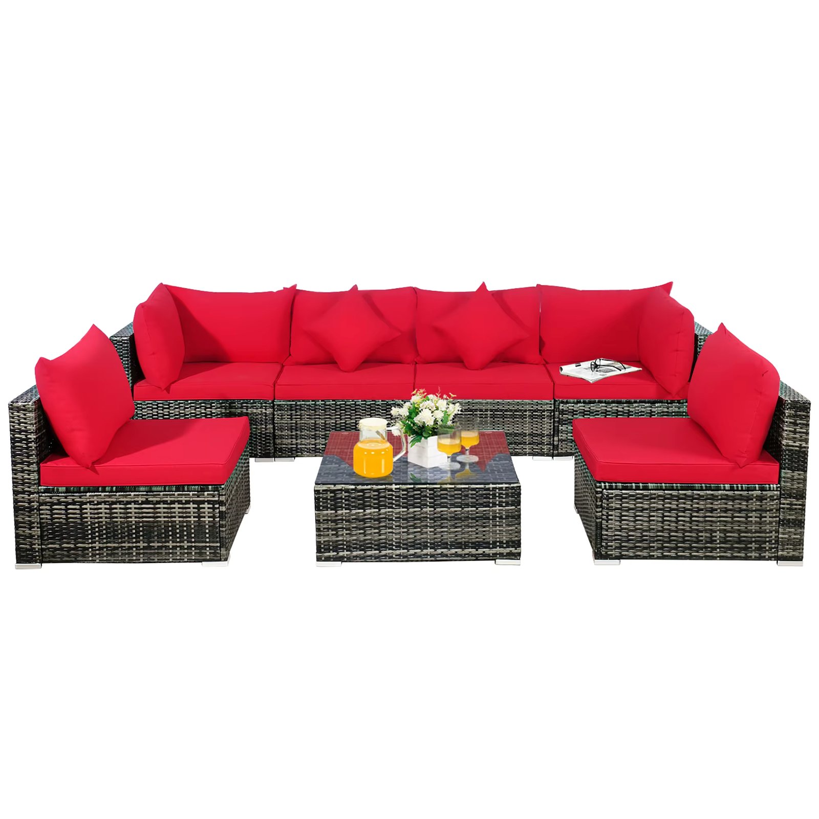 7PCS Patio Rattan Furniture Set Sectional Sofa Garden Red Cushion