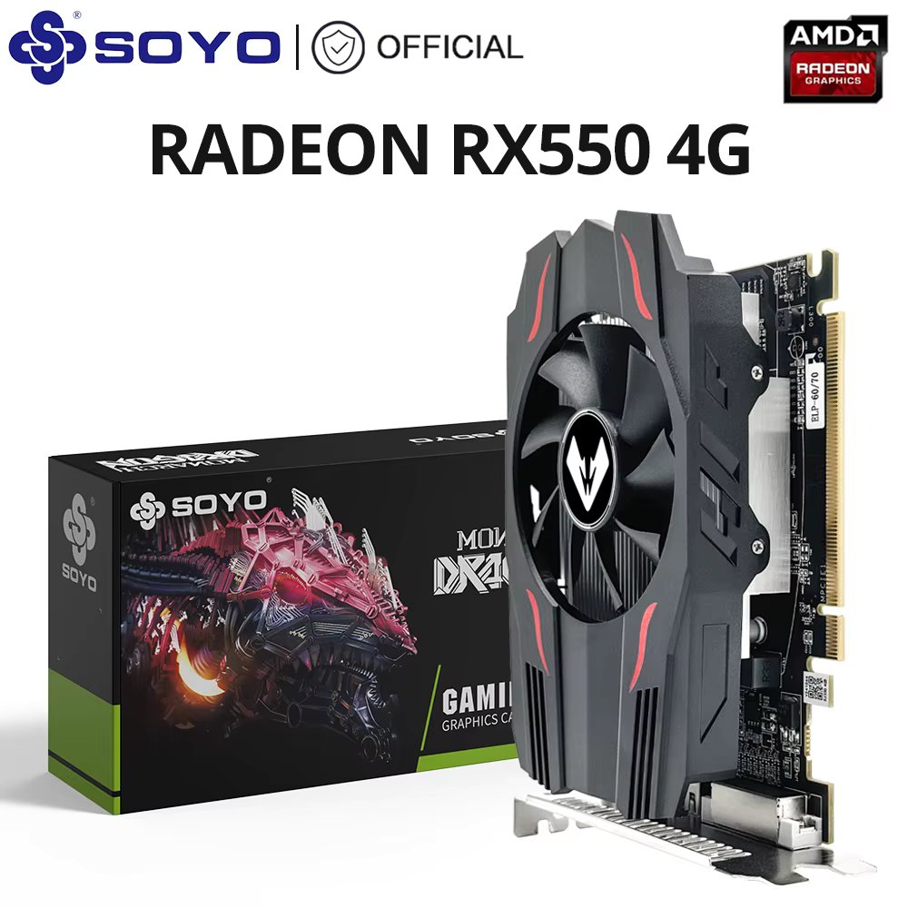 SOYO Full New AMD GPU Radeon RX 550 4G GPU GDDR5 14nm Computer PC Gaming Video HDMI-compatible DP DVI 128Bit Graphics Card