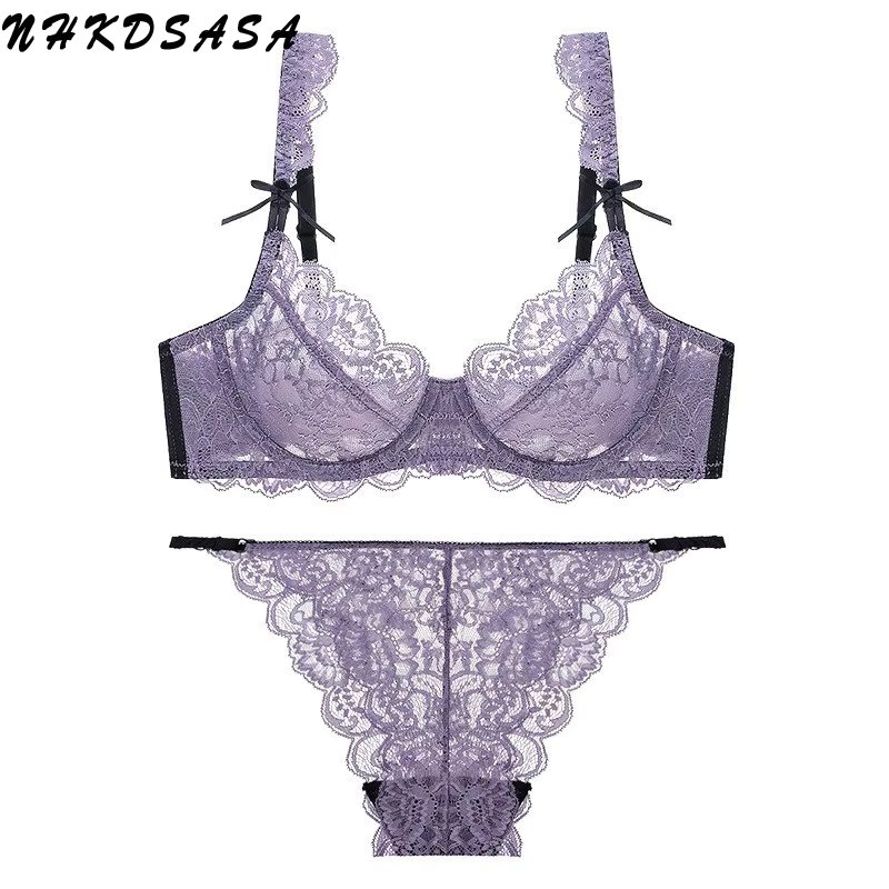2020 New Hot Sale Lingerie Set Sexy Women Lace Bra and Panties Super Thin Garter Push Up Big Size Transparent Underwear 85E 95D