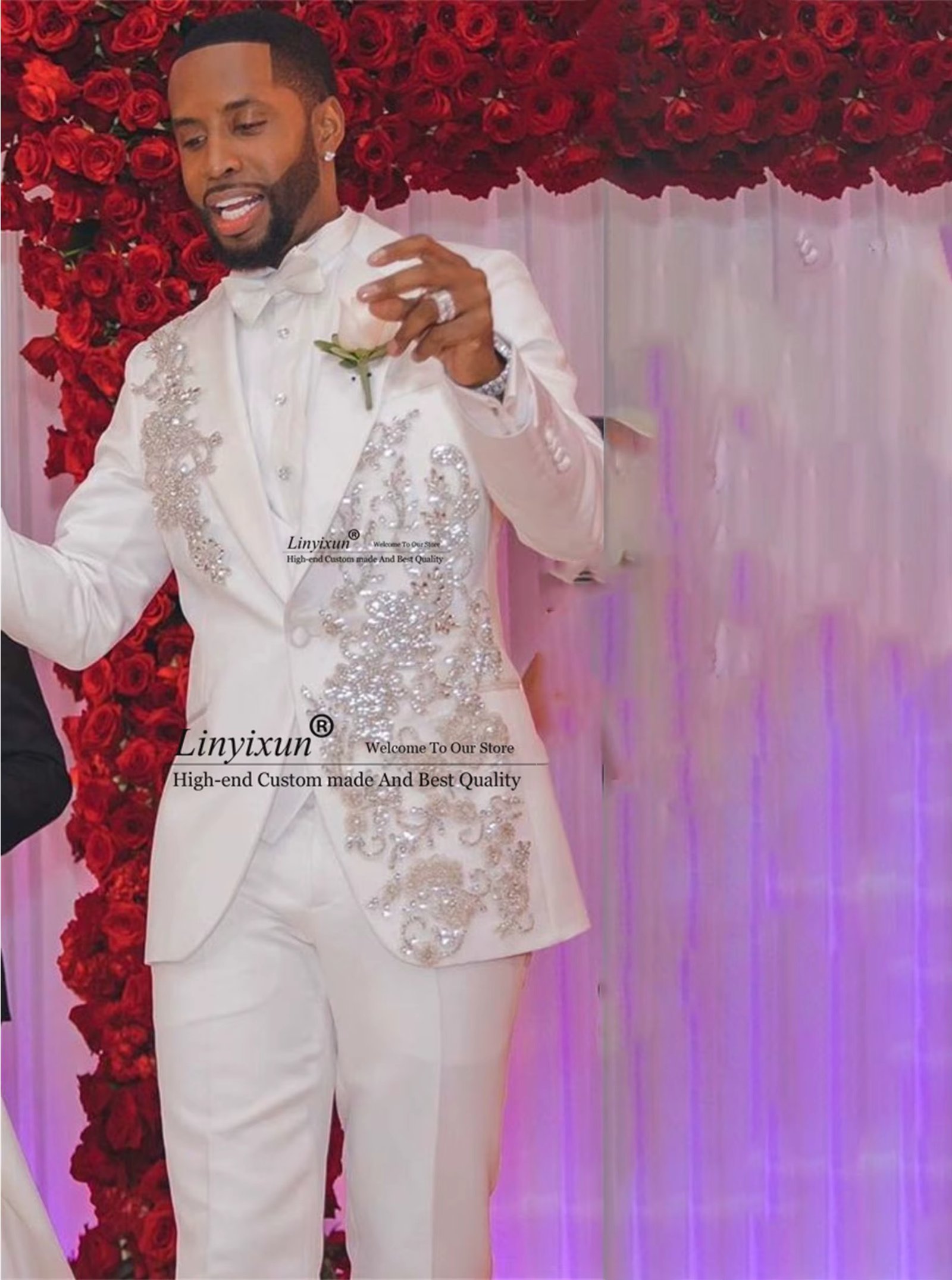 Glitter Sequins Beaded Men Suits Customized Groom Wedding Tuxedos 3 Pieces Sets Male Party Prom Blazer Terno Masculino Completo