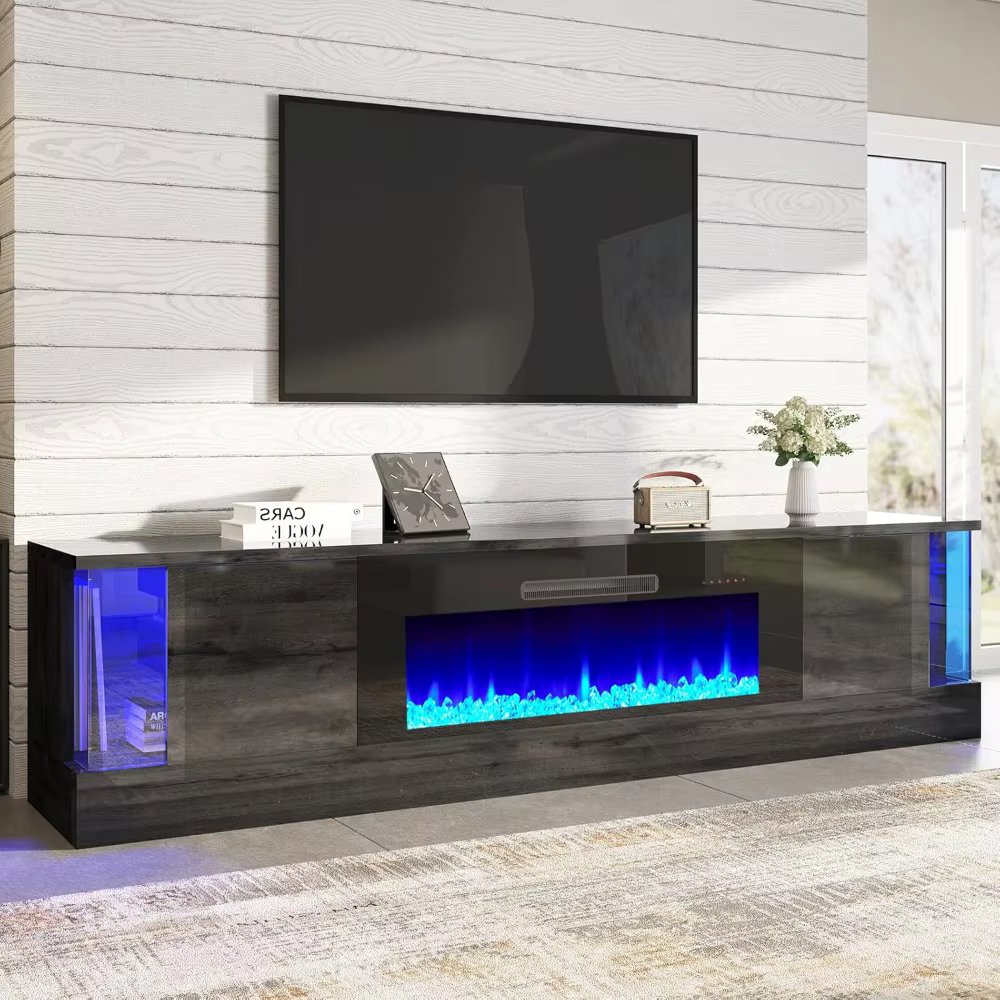 Oak Fireplace TV Stand with 40" Fireplace, 80" LED Lights Entertainment Center with Flip Doors & Corner Glass Decor, Modern TV