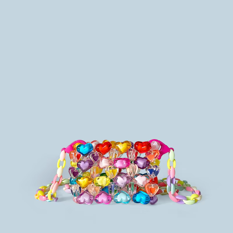 New Jelly Rainbow Love Bead Bag Hand Woven Bag Women's Dopamine Heart Cross Bag Mini