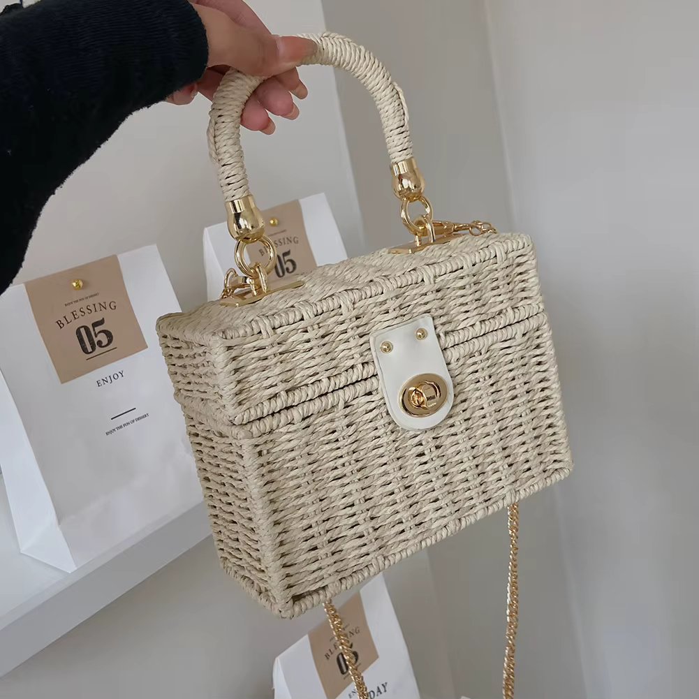 2023 Rattan Straw Shoulder Bag Women Boho Hand-Woven Basket Messenger Pouch Summer Beach Square Box Top-handle Handbag