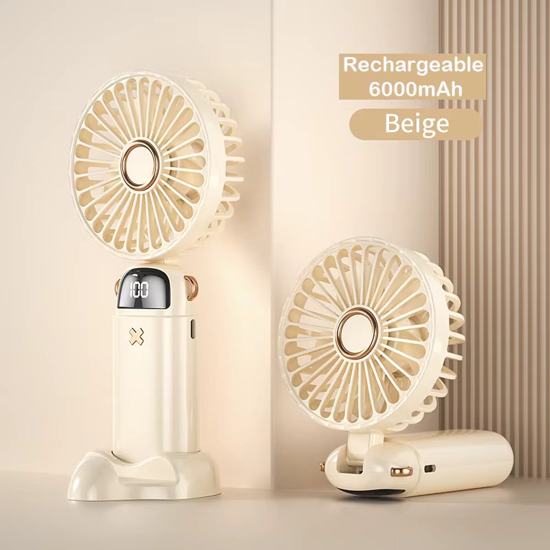 6000mAh Mini Handheld Fan 5 Speeds USB Charging Hanging Neck Fan LED Digital Display For Outdoor Sport Student Office Desk Fan